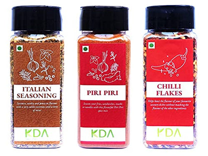 KDA Super Value Pack | Italian Pizza Seasoning (60g) + Piri Piri (65g) + Chilli Flakes (50g), Pack of 3