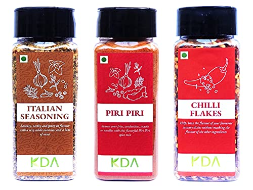 KDA Super Value Pack | Italian Pizza Seasoning (60g) + Piri Piri (65g) + Chilli Flakes (50g), Pack of 3