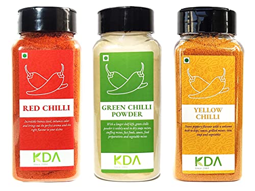 KDA Super Value Pack | Red Chilli Powder (100g) + Green Chilli Powder (125g) + Yellow Chilli Powder (125g), Pack of 3