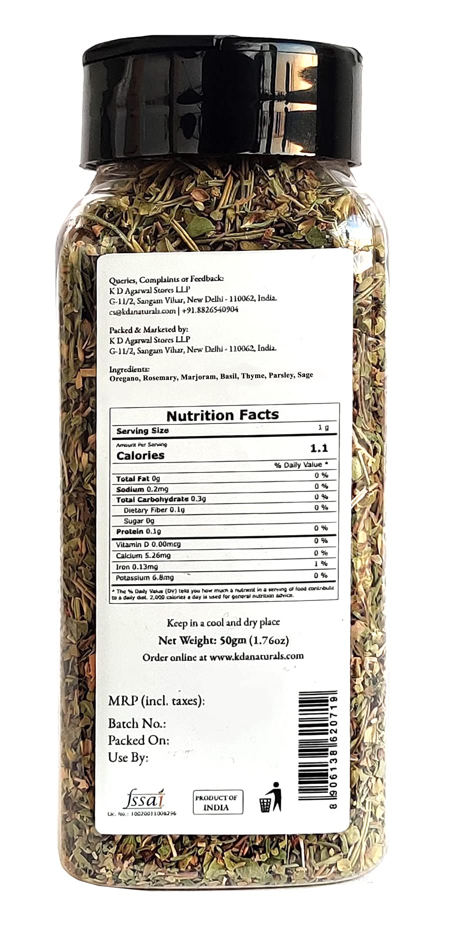 KDA Mixed Herbs | Exotic Blend of Oregano, Rosemary, Marjoram, Basil, Thyme, Parsley & Sage, 50g